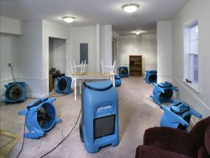 room with various water damage restoration equipment in it